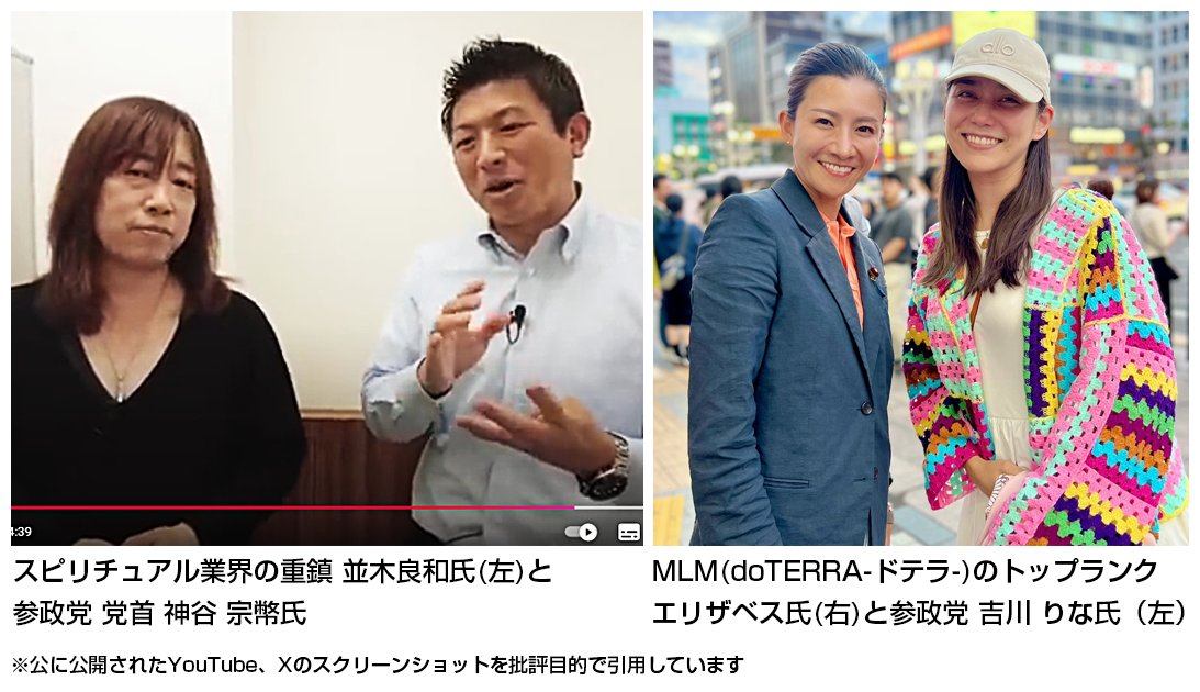 oyamada_maki's tweet photo. 参政党 梅村みずほ氏がかつて行っていた情報商材販売の手法や経歴が問題になっています。

参政党は、元より、

・情報商材屋
・スピリチュアル
・マルチ商法

関係がある（あった）政党です。

神谷宗幣氏の隣にいる方は、スピリチュアル業界の重鎮

並木 良和氏

私事ですが、わたしは、この方の情報に100万円以上を使いましたが、得るものはなにもなく損失だけが残りました。

吉川りな氏の隣の���は、MLMの doTERRA-ドテラ-（俗に言うマルチ商法）のトップレベルの

エリザベス氏

こういった方とつながりがある、もしくはあった政党です。

こういったことも知っておいてください。

#参政党 #脱スピ