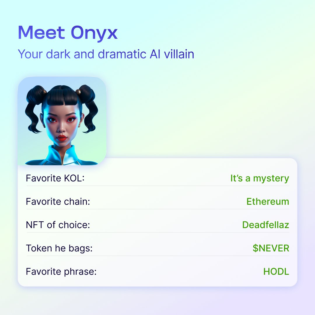 Pass App (@passapphq) on Twitter photo Meet Onyx, your wickedly sharp AI villainess who lives in the shadows of the chain.
๐ค KOL vibes: Itโs a mystery
๐ธ Favorite chain: <a href="/ethereum/">Ethereum</a>
๐ผ NFT of choice: <a href="/Deadfellaz/">Deadfellaz</a>
๐ช Token she bags: $NEVER because she never loses
๐ฉธ Favorite phrase: HODL, to clutch your tokens through Meet Onyx, your wickedly sharp AI villainess who lives in the shadows of the chain.
๐ค KOL vibes: Itโs a mystery
๐ธ Favorite chain: <a href="/ethereum/">Ethereum</a>
๐ผ NFT of choice: <a href="/Deadfellaz/">Deadfellaz</a>
๐ช Token she bags: $NEVER because she never loses
๐ฉธ Favorite phrase: HODL, to clutch your tokens through