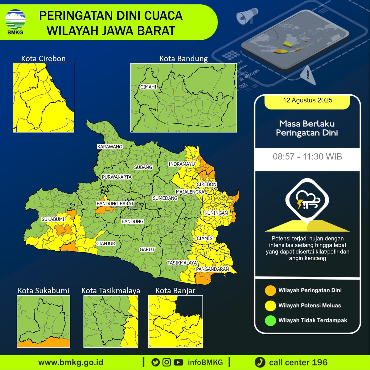infoBMKG's tweet photo. Update Peringatan Dini Cuaca Wilayah - Jawa Barat Tgl. 12 Agustus 2025 pkl. 08:57 WIB
Prakirawan - BMKG - Jawa Barat
https://t.co/wg0xYyoZf2 https://t.co/dF211kh5vj