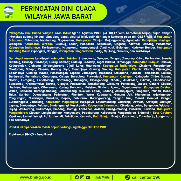 infoBMKG's tweet photo. Update Peringatan Dini Cuaca Wilayah - Jawa Barat Tgl. 12 Agustus 2025 pkl. 08:57 WIB
Prakirawan - BMKG - Jawa Barat
https://t.co/wg0xYyoZf2 https://t.co/dF211kh5vj