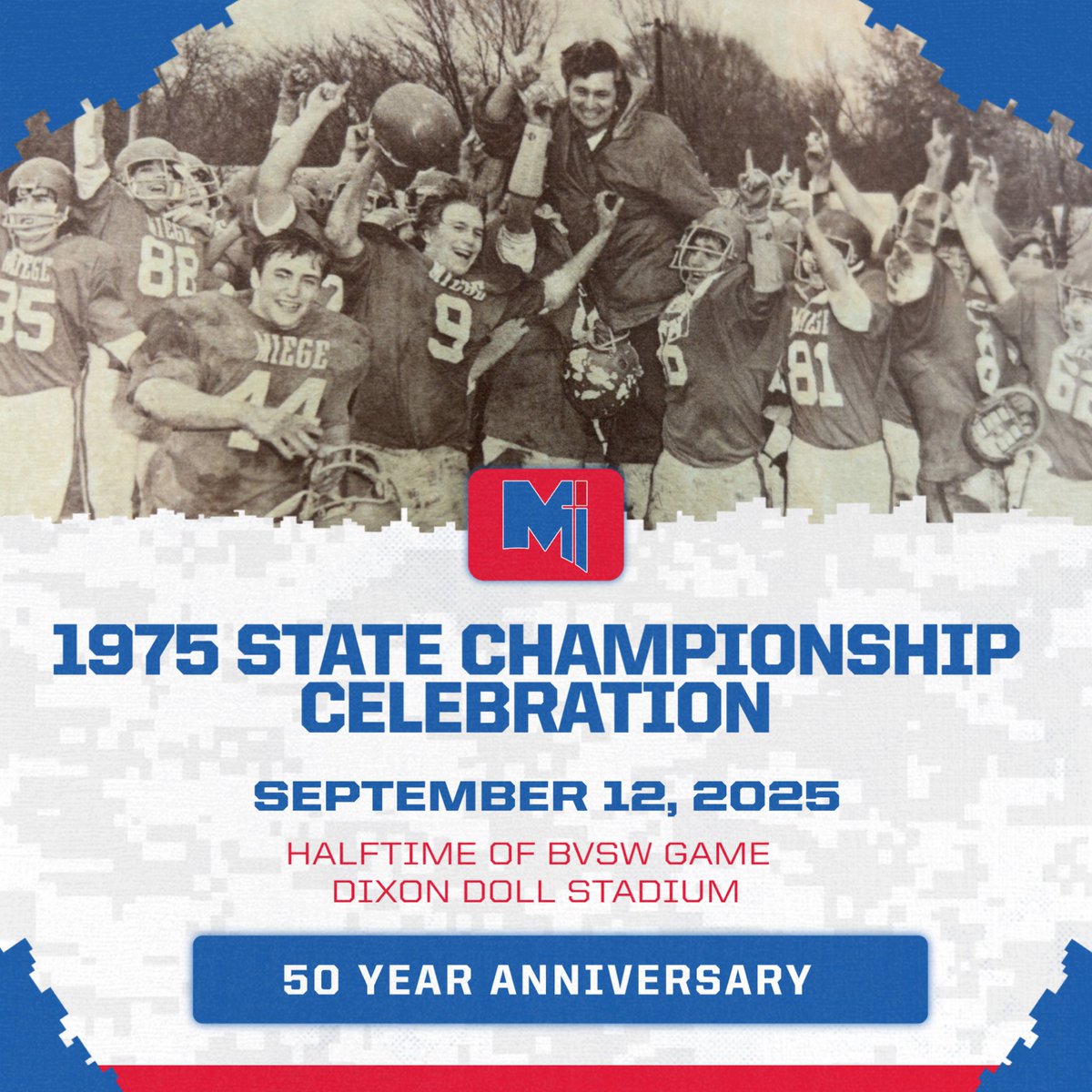 Jon Holmes (@coachjonholmes) on Twitter photo We are honored to be celebrating the <a href="/BishopMiege_FB/">Bishop Miege Football π</a> 1975 State Championship team this fall. 50 year anniversary of their State title season. We hope to see you at Dixon Doll Stadium on September 12th! #WeRMiege We are honored to be celebrating the <a href="/BishopMiege_FB/">Bishop Miege Football π</a> 1975 State Championship team this fall. 50 year anniversary of their State title season. We hope to see you at Dixon Doll Stadium on September 12th! #WeRMiege