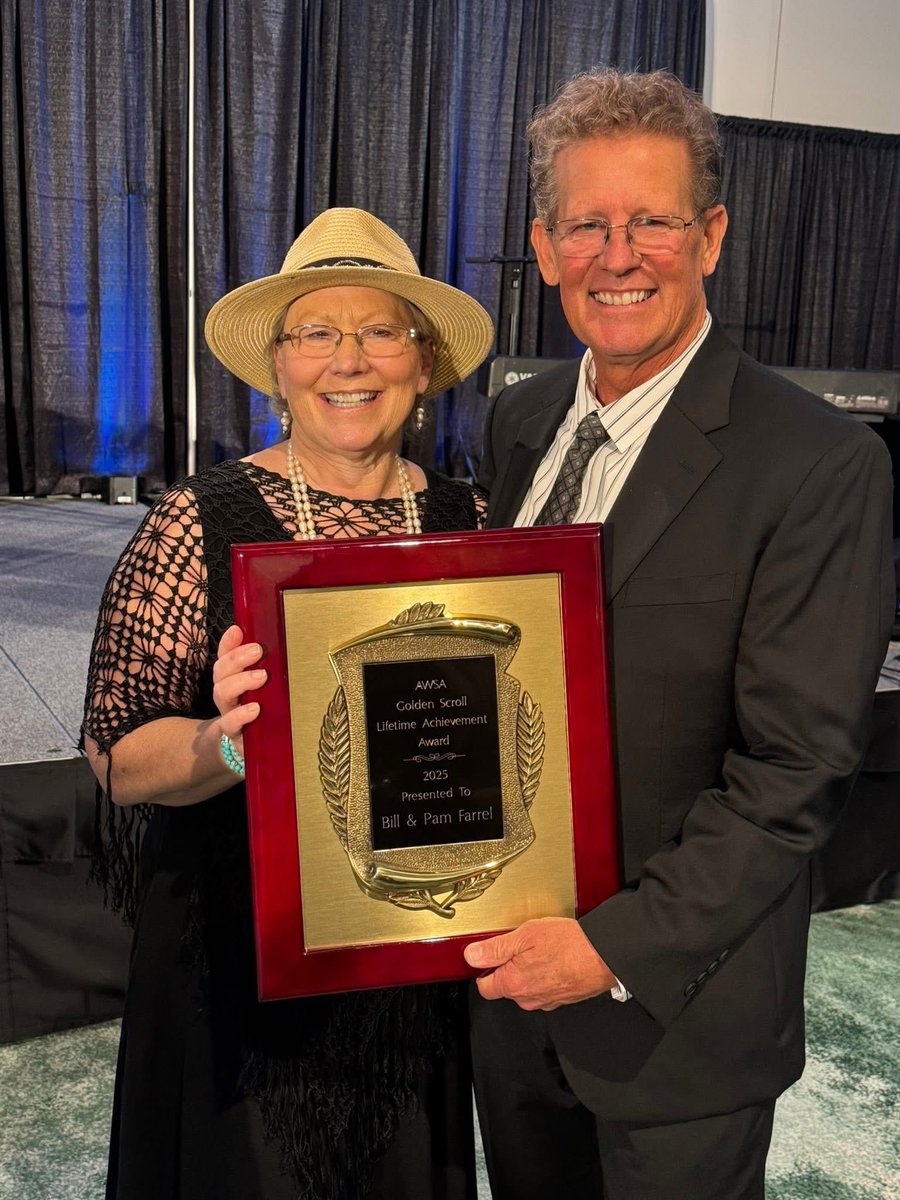 PamFarrel's tweet photo. Big News! @BFarrel and I were awarded @AWSA #LifetimeAcheivement in #Publishing award yesterday at #CPE #Munce #Independentstores #GoldenScrolls https://t.co/Fe272wBBZo
