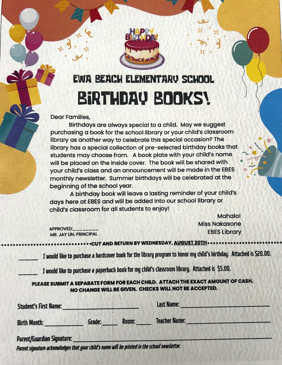 Be on the lookout for the <a href="/EBESBees/">Ewa Beach Elementary</a> Birthday Book Flier! Celebrate your child's birthday with a gift for their classroom library or the school library.  Limited supply available.  Due date for orders is August 20th.  No checks. Exact amounts, please. No change will be given.