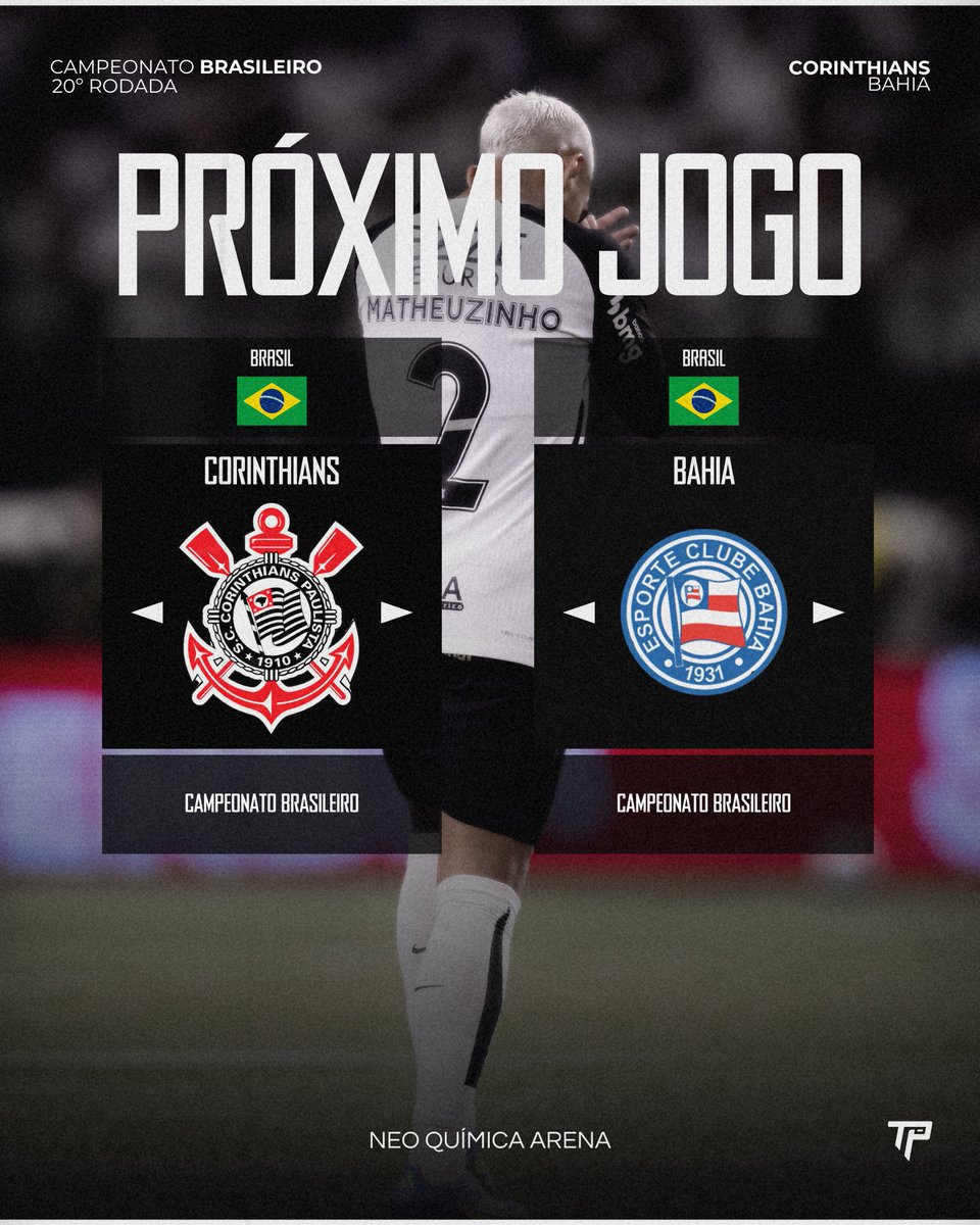 ↪️ Próximo Jogo Do Timão!

⚽️ Corinthians x Bahia 
🏆 Campeonato Brasileiro
🔢 20ª rodada
🏟️ Neo Química Arena 
📆 16/08/2025 - Sábado 
⌚️ 21h00 - Noite
📺 SporTV e PREMIERE 
👕 realezaesportes.com