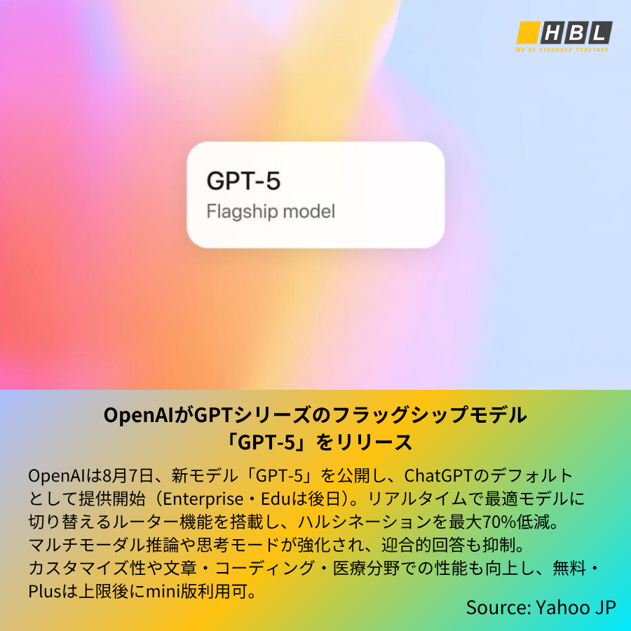 hblab_jp's tweet photo. IT業界でのニュース ❗
❶ OpenAIがGPTシリーズの最新モデル「GPT-5」をリリース

❷ Google Cloud Next Tokyo ’25開幕、AIエージェント戦略とA2Aを紹介

❸ ガートナー・ジャパン、2025年AI技術動向レポートを発表

❹ 生成AIイベント「AICU Fes 2025 Summer」が開催

#エイチビーラボ #OpenAI #GPT5 https://t.co/3o9I68UZnU