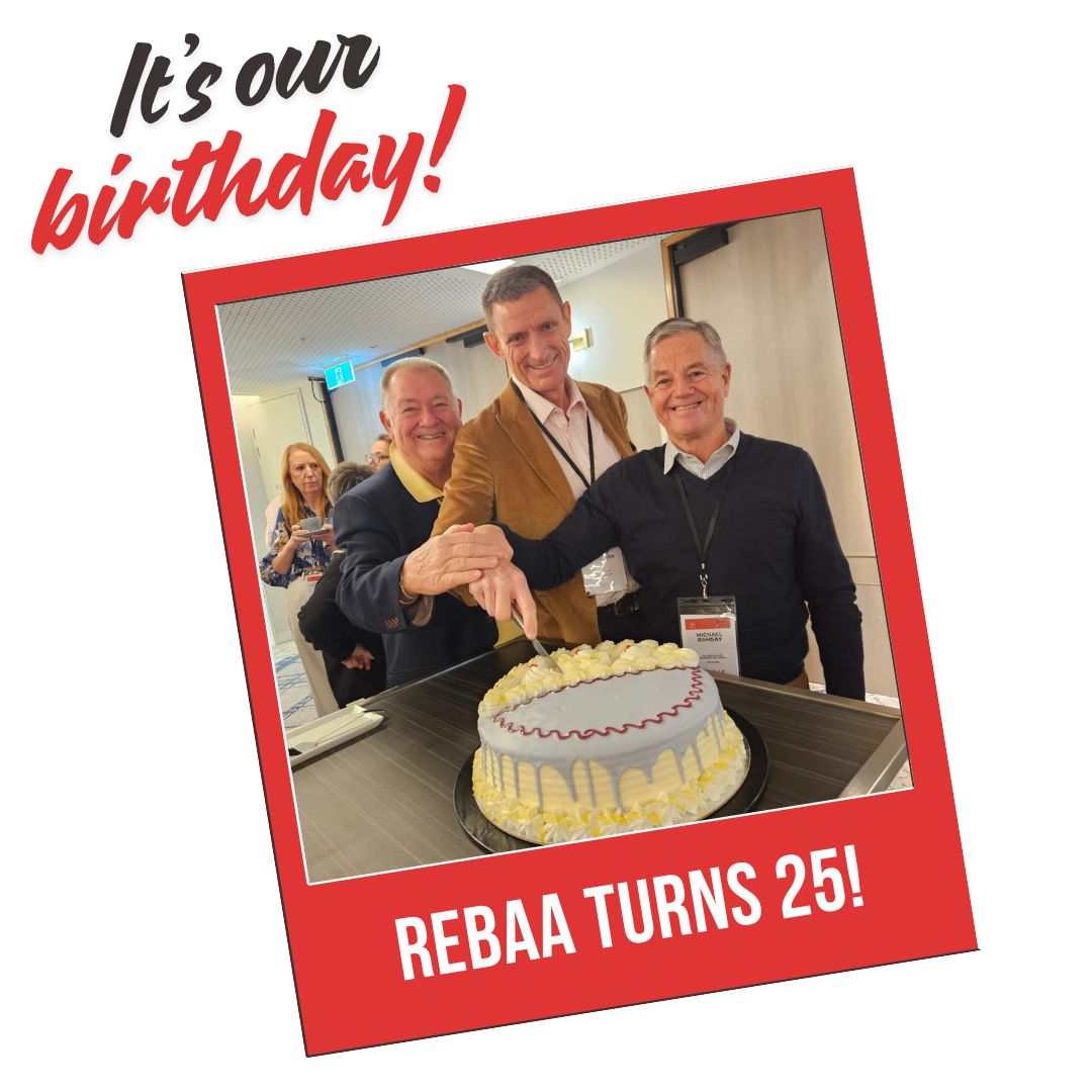 𝗥𝗘𝗕𝗔𝗔 𝘁𝘂𝗿𝗻𝘀 𝟮𝟱! 🎉🥳

It's a big year for REBAA this year as we celebrate our 25th birthday!

Founding members Chris Waterman, Scott McGeever and Michael Ramsay kicked off the celebrations at the recent Stash &amp; Gameplans REBAA Conference, cutting the cake! 
#rebaa