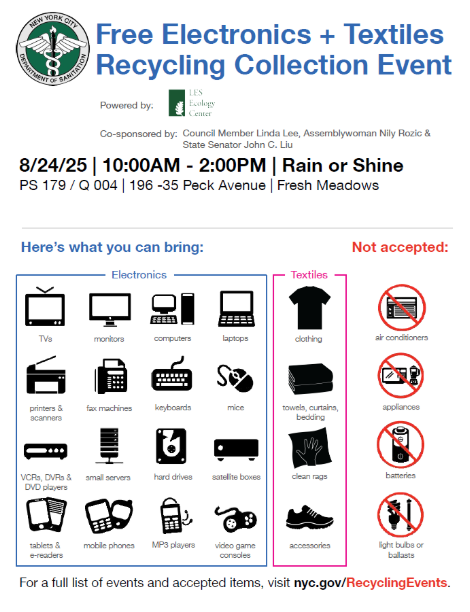 CivicRosedale's tweet photo. Free Electronics + Textiles Recycling Collection Event on August 24th beginning at 10am in Fresh Meadows https://t.co/nRxUCn6TJt