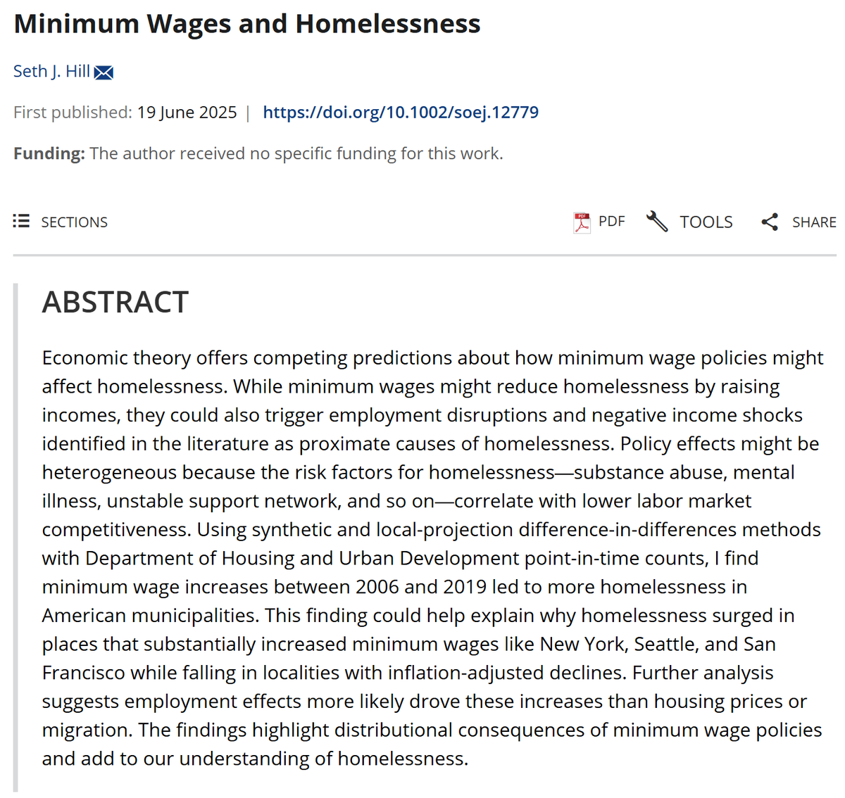 This study found that a 10% real increase in the minimum wage leads to a 2.5/2.9%  increase in the homeless population. This effect is driven by disemployment (which is larger among younger, lower- skilled).