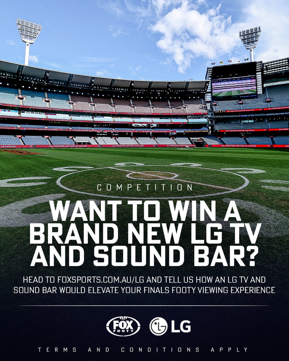 🚨 COMPETITION 🚨

<a href="/FOXFOOTY/">Fox Footy</a> and <a href="/LG_Australia/">LG Australia</a> are giving you the chance to win an LG TV and Sound Bar, so you can catch all the finals action in first-class 4K 🙌

Just head to foxsports.com.au/lg and tell us how an LG TV and Sound Bar would elevate your footy finals viewing