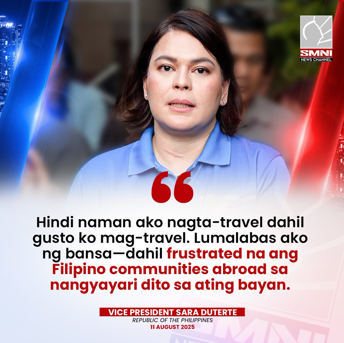 TRABAHO, HINDI BAKASYON

Matapang na sinagot ni Vice President Sara Duterte ang batikos sa kanyang madalas na pagbiyahe abroad.

Giit niya, hindi ito para magliwaliw, kundi para makipag-ugnayan sa mga Pilipino abroad na dismayado sa kalagayan ng Pilipinas. 

(1/2)