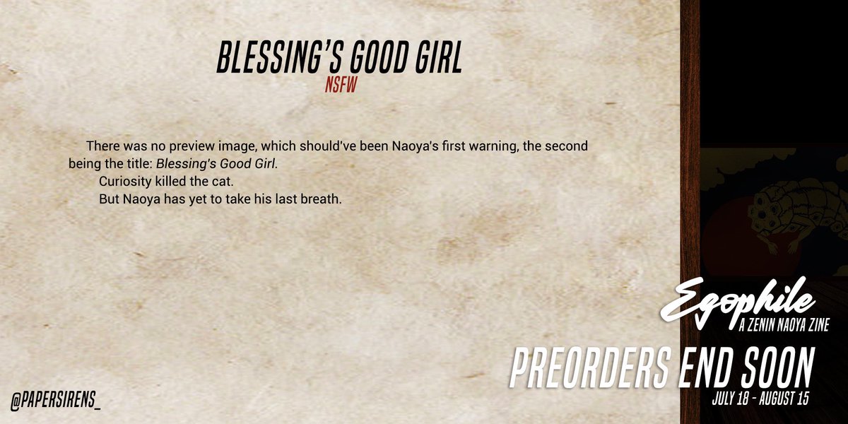 Less than a week to go to pre-order the #naoyazenin zine by <a href="/naoyazine/">Egophile ✨ POs close August 15th</a>!! 

I’m so excited for this zine there’s SO many amazing and talented people and I wrote TWO fics that I’m so proud and happy with!! 

Make sure to preorder while you can to show your dedication ✨ 

🔗 below!