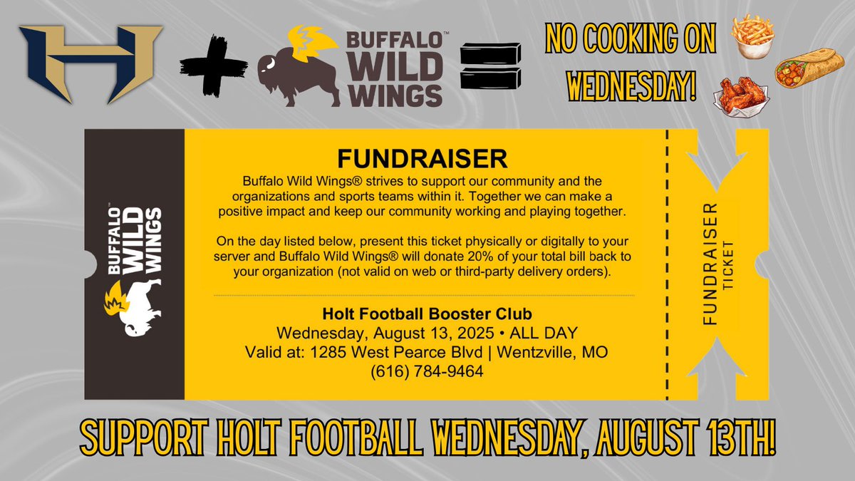 Holt Indian Nation (@nationholt) on Twitter photo 🏈 Dine & Donate! 🏈
Our newest corporate sponsor, <a href="/BWWings/">Buffalo Wild Wings</a> - Wentzville, will donate 20% of your bill to Holt Football when you show your server this ticket!
📅 This Wednesday, August 13th – ALL DAY 🏈 Dine & Donate! 🏈
Our newest corporate sponsor, <a href="/BWWings/">Buffalo Wild Wings</a> - Wentzville, will donate 20% of your bill to Holt Football when you show your server this ticket!
📅 This Wednesday, August 13th – ALL DAY