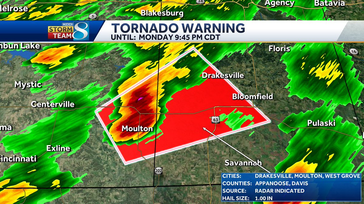 A Tornado Warning has been issued for Davis, Appanoose until Aug 11 9:45PM. A tornado could develop with this storm at any time. Seek shelter immediately! Check KCCI for the latest information. #iawx