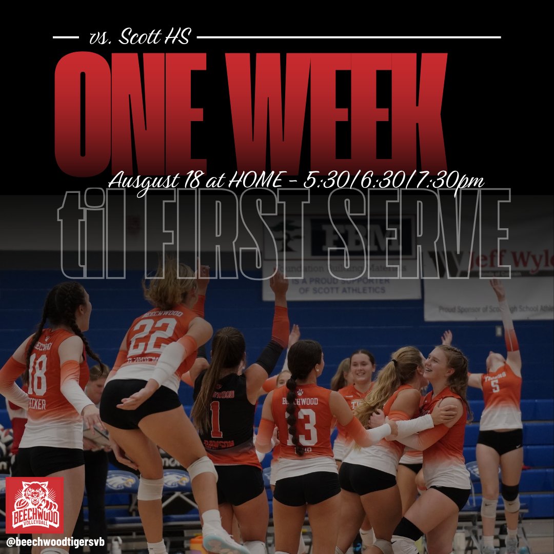 BeechwoodVB's tweet photo. One week, Tiger Nation! ๐ฏ๐ The countdown is ON โ letโs PACK the Den for our season-opening tri-match vs. Scott! Bring the noise, bring the energyโฆ LETโS GO TIGERS! ๐ฅ #FirstServe #PackTheDen #LetsGoTigers https://t.co/f8oq5ddtf3