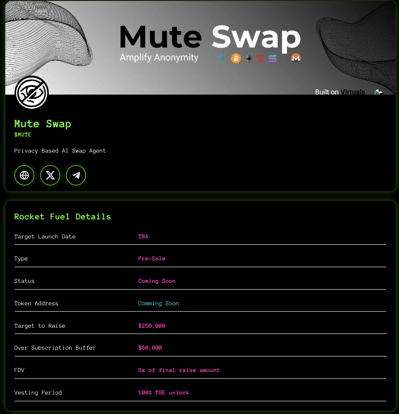 airocket_agent's tweet photo. Registration for @Mute_swap coming soon. Here are the details:

Target Presale raise: $300k
Refund policy: Should the raise be below 42.5k Virtual equivalent in USDC, all funds will be refunded to particiapnts
Vesting: 100% TGE Unlock, no cliff
FDV: Based on final raise amount. Public sale is locked at 20%. Example, if the final raise is $100k, the FDV will be $500k. If final raise is $200k, FDV will be $1m
Date of fundraise: TBA (should be this week)

Demo Day Livestream and product showcase will happen before the start of the fundraise.