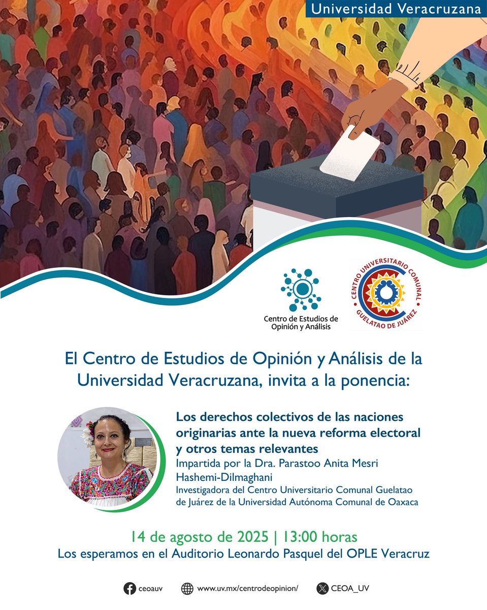 📣Los invitamos a la ponencia “Los derechos colectivos de las naciones originarias ante la nueva reforma electoral y otros temas relevantes” 📌 #AnótaloEnTuAgenda, el evento se efectuará el jueves 14 de agosto a las 13:00 horas en el  Auditorio Leonardo Pasquel del OPLE Veracruz.