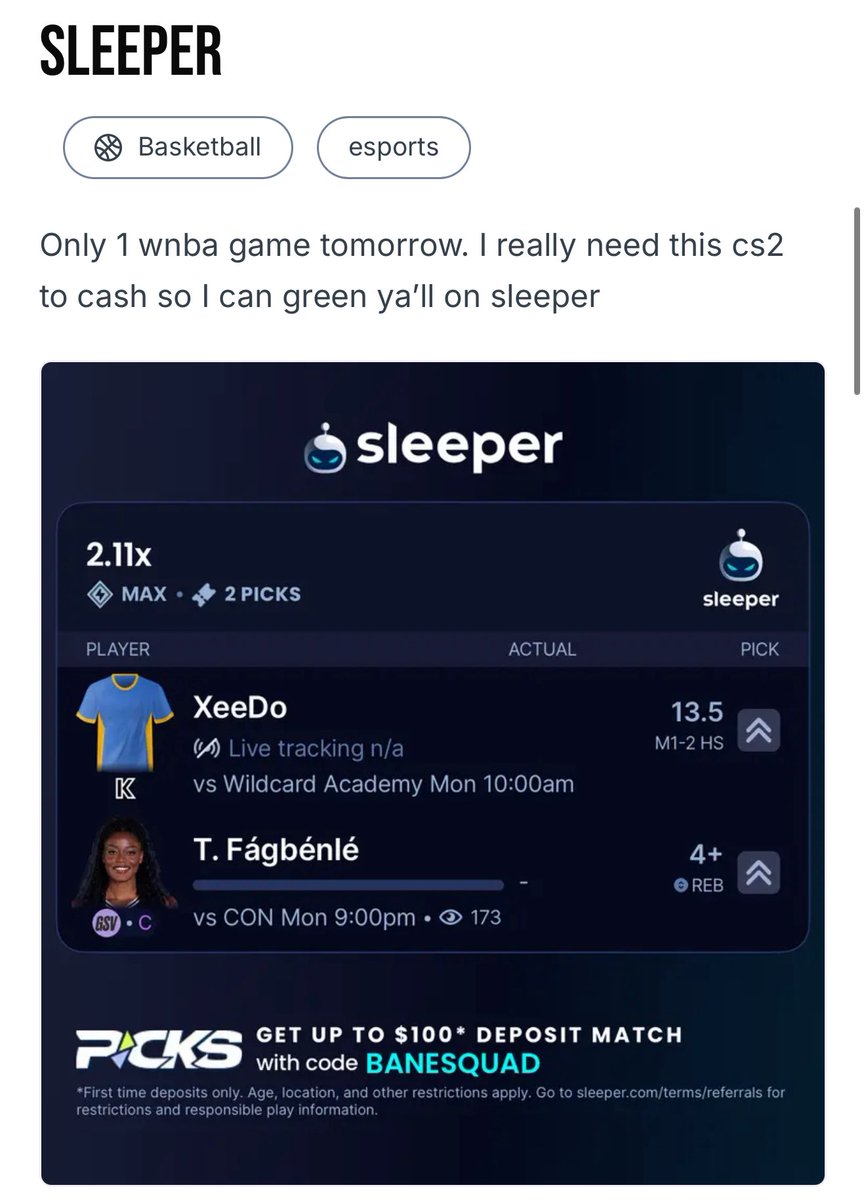 Cash the $300 Slip

Esports - <a href="/DropThaPicks/">NotAhCapper</a> 
WNBA - <a href="/BaneSquad_/">BaneSquad</a> 

I everybody on LIVE stream that this was my favorite &amp; biggest slip since there was only 1 WNBA game. 

Cash that shit. 

Join Winible ⬇️

winible.com/banesquad

Live Stream ⬇️
Playback.tv/BaneSquad