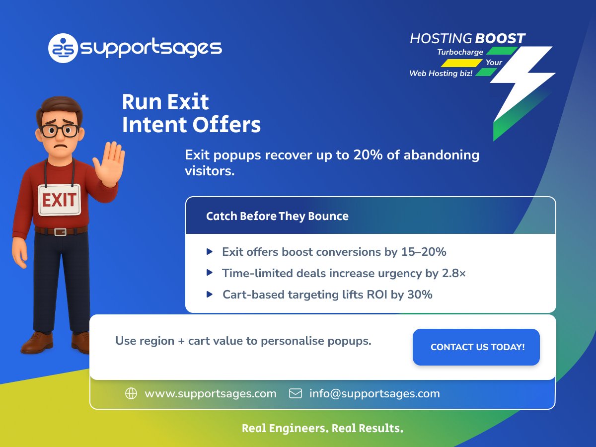 supportsages's tweet image. Boost Your Hosting Biz #19

Exit popups recover up to 20% of abandoning visitors.
We helped lift ROI by 30% with cart + region targeting.

✅ 15–20% more conversions
✅ 2.8x urgency via limited deals
Catch them before they bounce!

#ExitIntent #HostingTips #CRO
