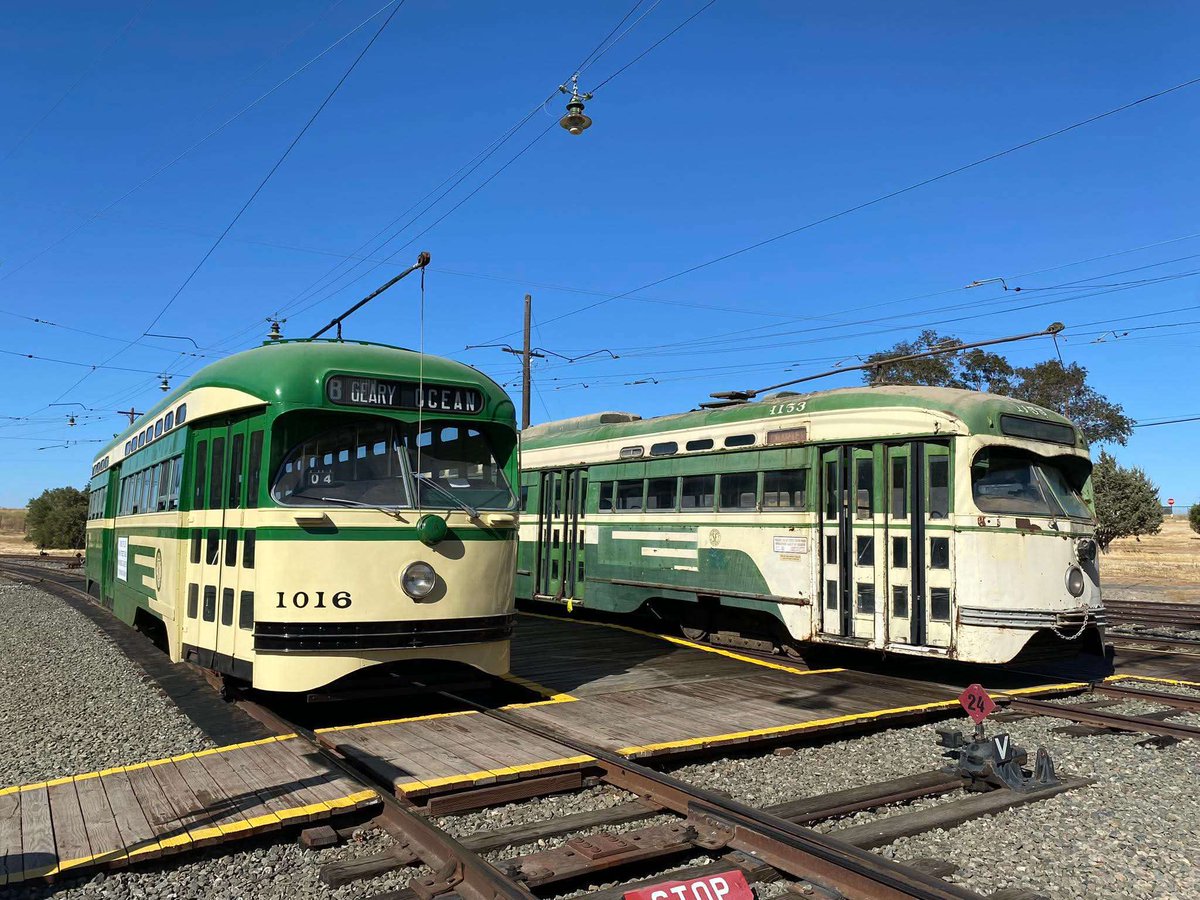 Talk about a symbolic before &amp; after!

In a rare move, Muni #1153 joined #1016 in the daylight. Together, they illustrate the stark difference between PCC-cars at the start/end of their service life.

As work on #1153's renews (more news soon), we hope to preserve this contrast.