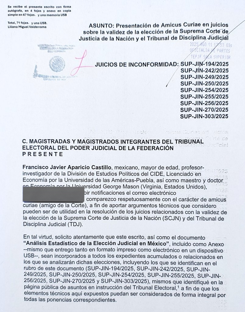 "Análisis estadístico de la elección judicial"

Esta tarde entregué este documento como amicus curiae en la Sala Superior del <a href="/TEPJF_informa/">TEPJF</a>.

Pueden consultarlo aquí:
javieraparicio.net/2025/08/11/ami…