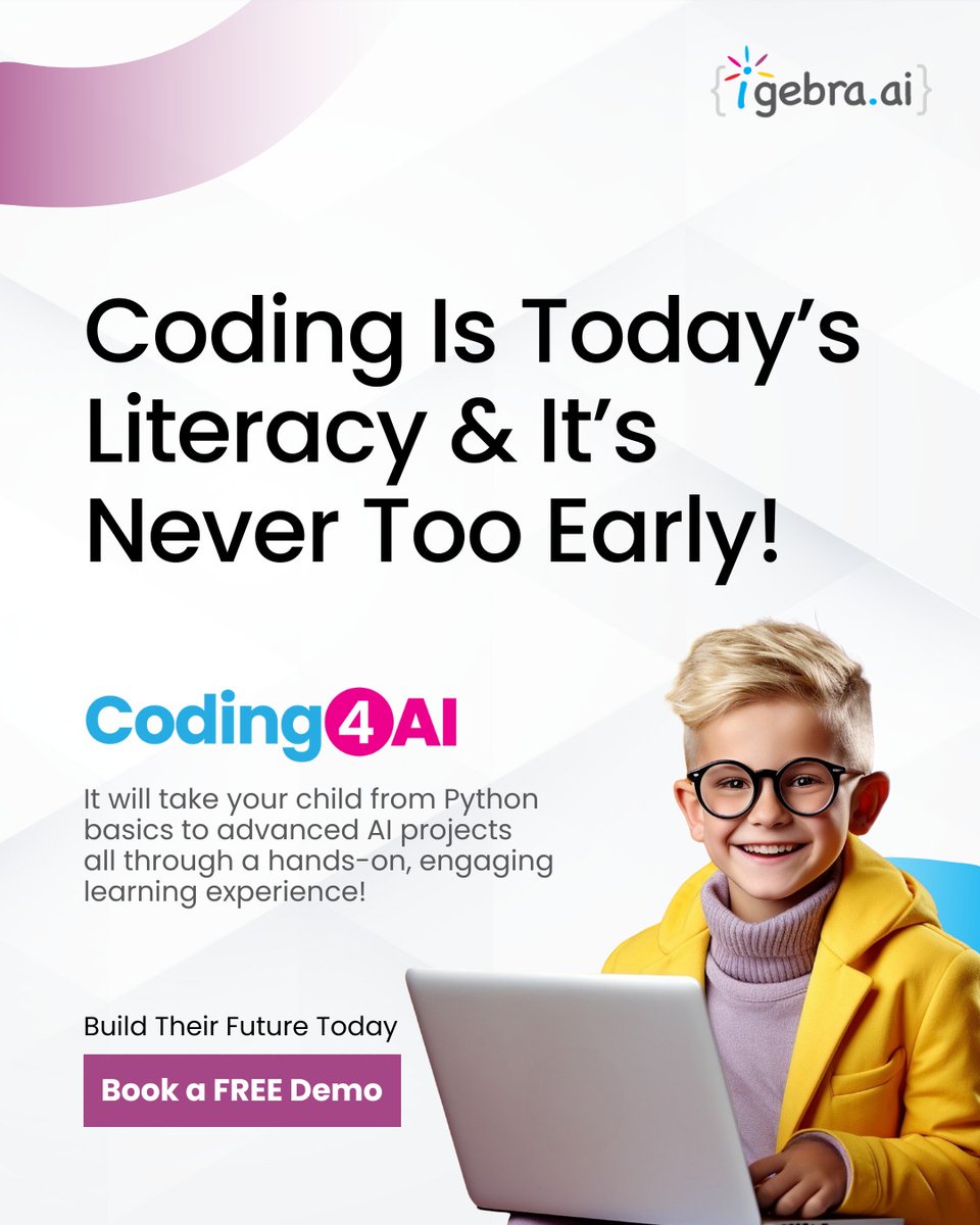 igebra_ai's tweet photo. Think your child is too young to code? Think again!
With Coding4AI, kids (Grades 4–10) go from basics to building real AI projects — all 100% online, in small groups, with expert trainers.

🎯 Book a FREE demo today!
🔗 https://t.co/cqC9sAgE4m https://t.co/O0bnTUnZlK