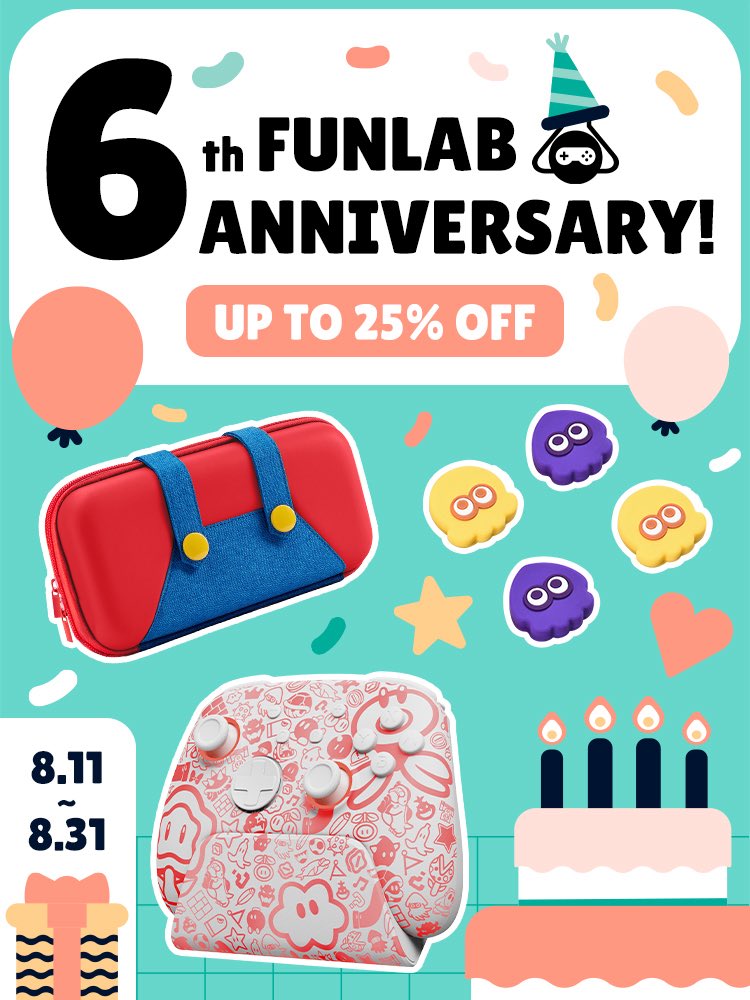 Funlab_switch's tweet image. 🎉 FUNLAB 6th Anniversary Celebration 🎉
🔍 FUNLAB 6TH bit.ly/InsXFUNLAB6th
It’s our birthday, but the celebration is all yours! 🥳
Enjoy these anniversary perks:
✨ Up to 25% OFF sitewide
🚚 Free Shipping on orders $25+
🌟 Your favorite Switch accessories – Firefly,…