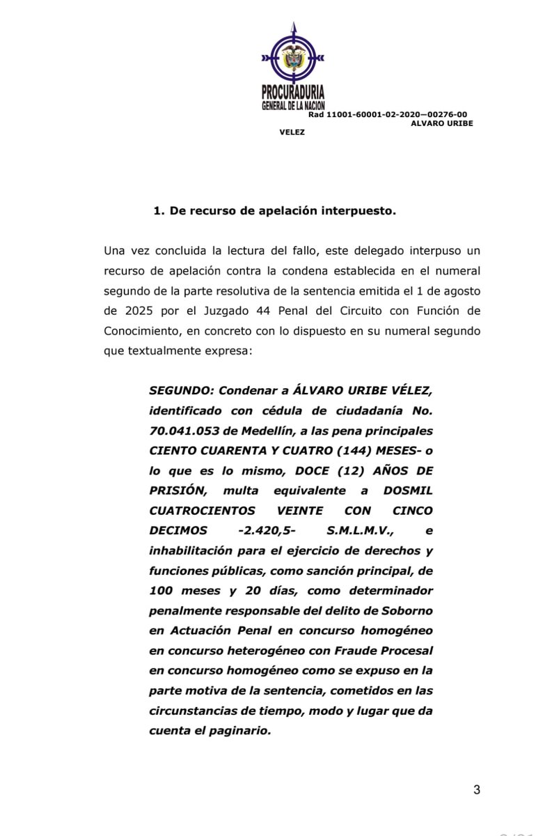 lafm's tweet photo. #Judiciales  | La Procuraduría pidió al Tribunal Superior de Bogotá revocar la sentencia condenatoria proferida contra el expresidente, Álvaro Uribe Vélez por fraude procesal y soborno en actuación penal. https://t.co/gpqkrHuAfP