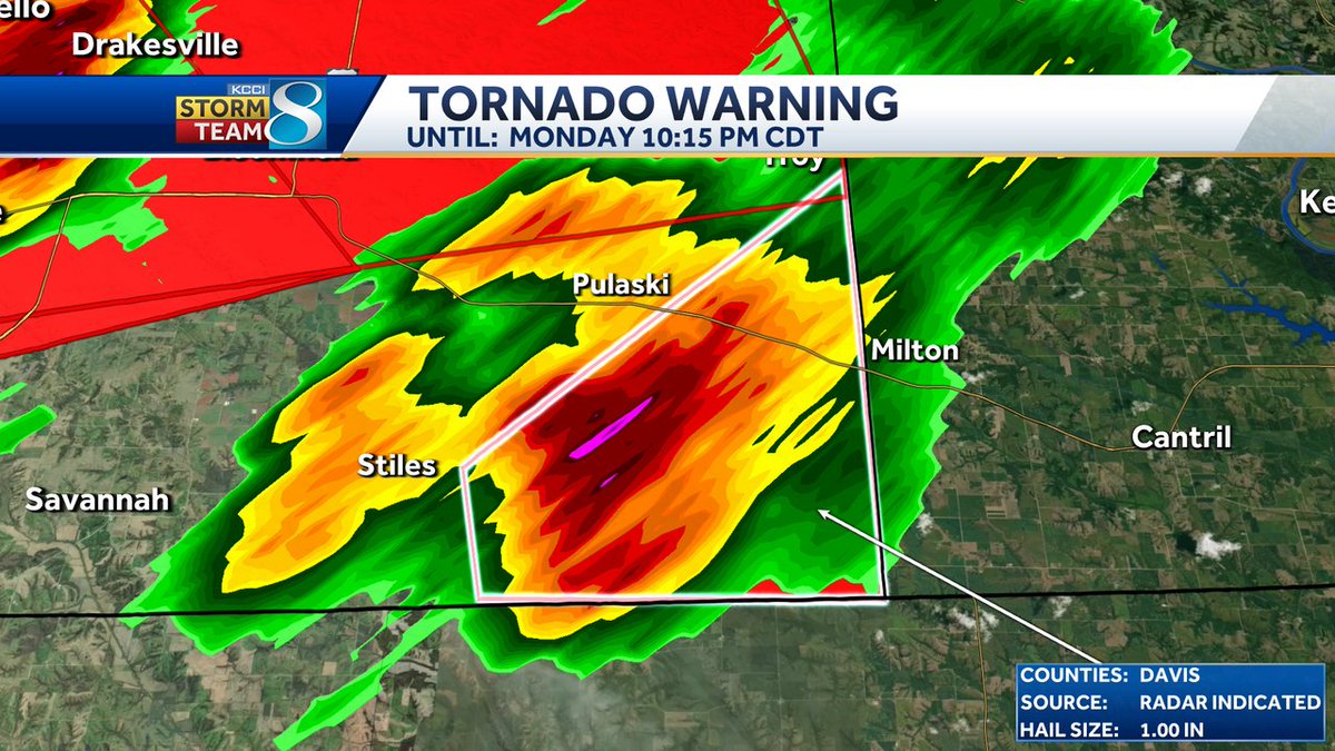 A Tornado Warning has been issued for Davis until Aug 11 10:15PM. A tornado could develop with this storm at any time. Seek shelter immediately! Check KCCI for the latest information. #iawx