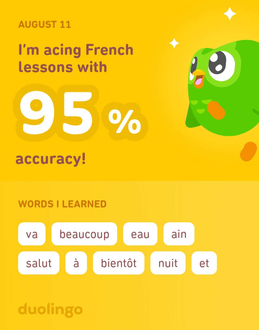 sneilson's tweet photo. I’m learning French on Duolingo! It’s free, fun, and effective. https://t.co/ZviJDfvTi0