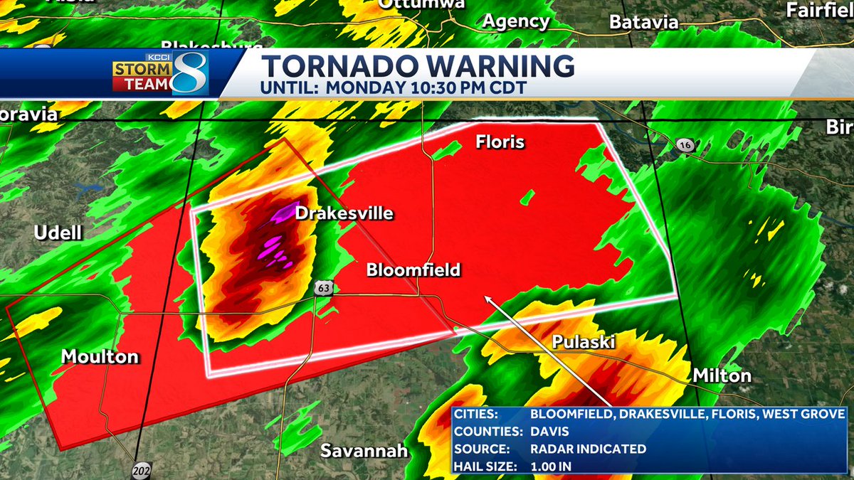 A Tornado Warning has been issued for Davis until Aug 11 10:30PM. A tornado could develop with this storm at any time. Seek shelter immediately! Check KCCI for the latest information. #iawx
