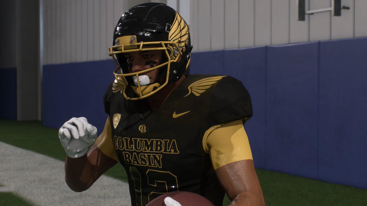 CBU_NECF26's tweet photo. This week on #CBUnis we debut our final jersey combo, the blacked out home variation. Our gold winged helmet makes its return to pair with the dark theme of the whole uniform 

#MedjayMentality🏜️ https://t.co/9Qd6dh8plG