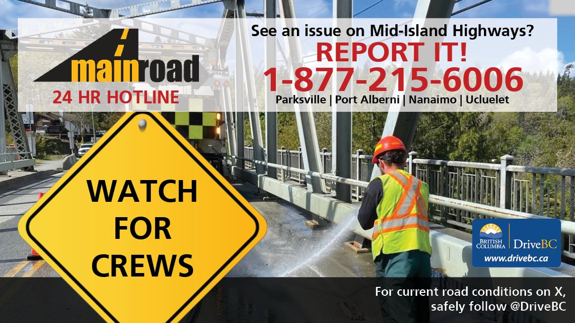 See a traffic delay, debris, or road hazard?

Call Mainroad's 24HR Public Hotline toll free at 1-877-215-6006. 
Service Area 2 info: bit.ly/2XwvCVA

<a href="/TranBCVanIsle/">Vancouver Island District</a>