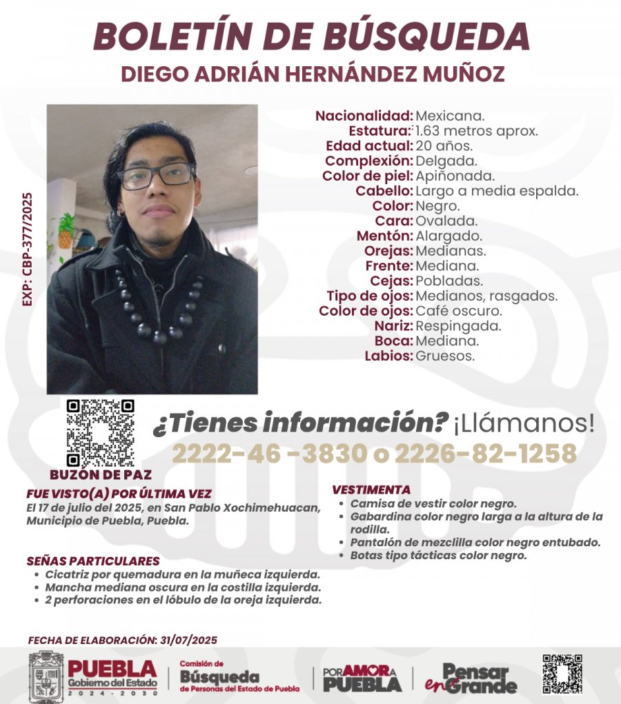#ServicioSocial | 🔍 Ayúdanos a localizar a Diego Adrián Hernández Muñoz de 20 años de edad, fue visto por última vez el 17 de julio, en San Pablo Xochimehuacan, municipio de Puebla.

✅Cualquier información, comunícate al:
☎️ 2222 46 38 30
☎️ 2226 82 12 58
