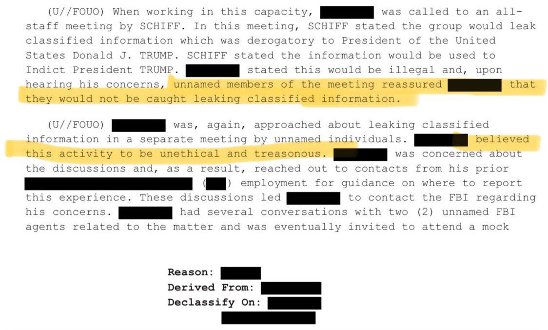 These allegations from the Dem whistleblower are WILD.

Schiff called a staff meeting, told everyone he was going to leak classified intelligence to harm Trump, someone pointed out that’s treason, other staffers said not to worry about it because they won’t get caught…

WHAT?!