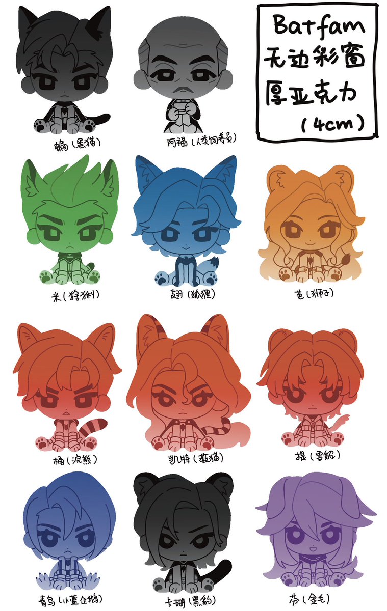 CatatrixScript's tweet image. Batfamily Acrylic design (4cm)
Bruce - black cat
Alfred - human
Dick - fox
Jason - raccoon
Tim - ferret
Damian - lynx
Cass - black panther
Stephanie - golden retriever
Barbara - lion
Kate - serval
#dc #Batfamily #batman #robin #batgirl