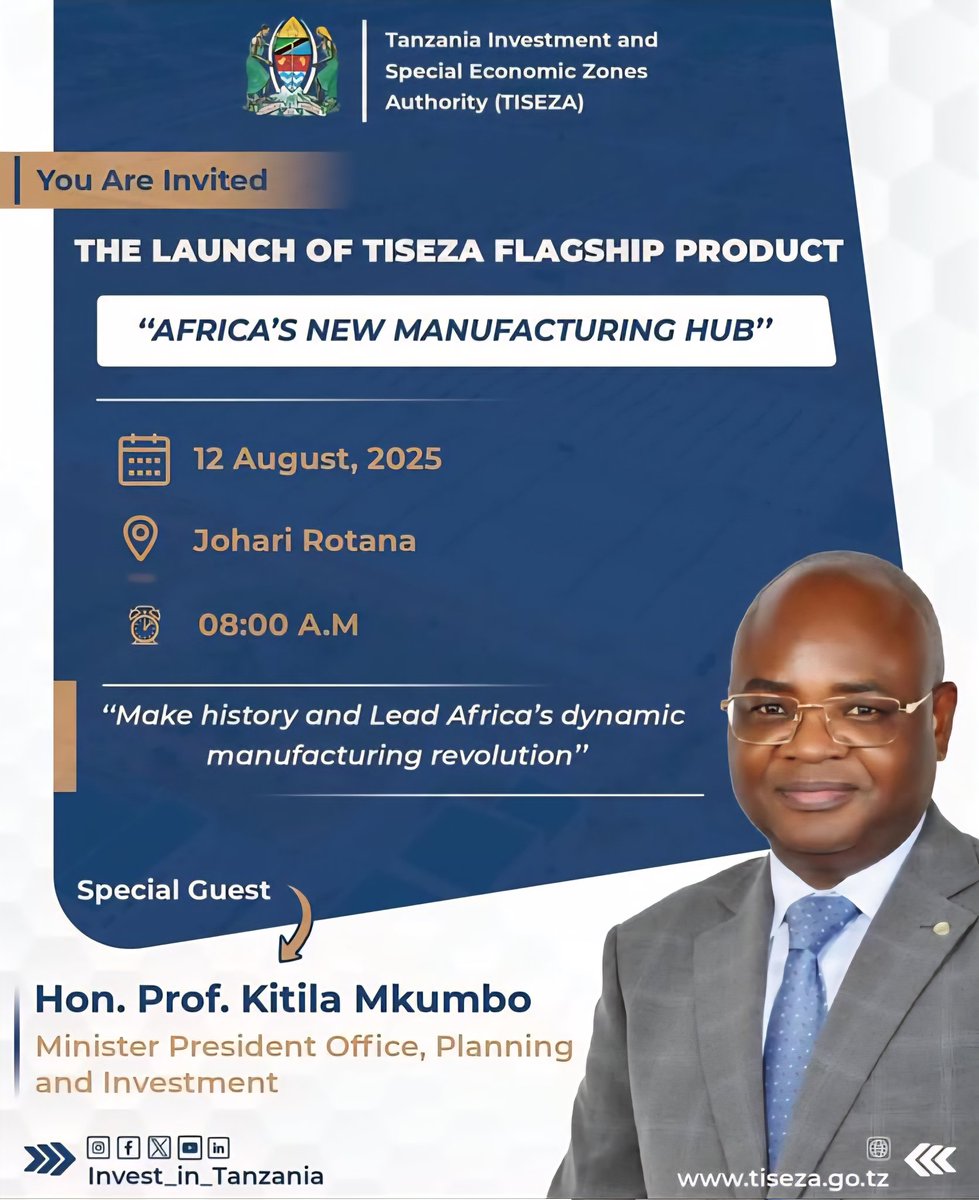 GileadTeri's tweet photo. BREAKING: UNATAKA kuwekeza kwenye KIWANDA? Serikali ITAKUPA eneo la kujenga KIWANDA chako BURE!*

Leo Tar 12 Agosti 2025, Mhe @kitilam Waziri wa Nchi Ofisi ya Rais Mipango na Uwekezaji ATAZINDUA Huduma MPYA kwa WATANZANIA WOTE wenye NIA na UWEZO wa KUWEKEZA kwenye VIWANDA nchini, ambayo kupitia Mamlaka ya Uwekezaji na Maeneo Maalum ya Kiuchumi (TISEZA), Serikali ya AWAMU YA 6 chini ya uongozi wa Mhe Rais Dkt Samia S Hassan itawapa MAENEO YA KUWEKEZA kwenye VIWANDA BURE!

*Hii FURSA ni KWA WATANZANIA pekee na WATANZANIA WENYE UBIA ambapo MTANZANIA ana hisa zaidi ya 30%!

FUATANA NASI kujua maeneo husika, vigezo na masharti: @InvestTanzania