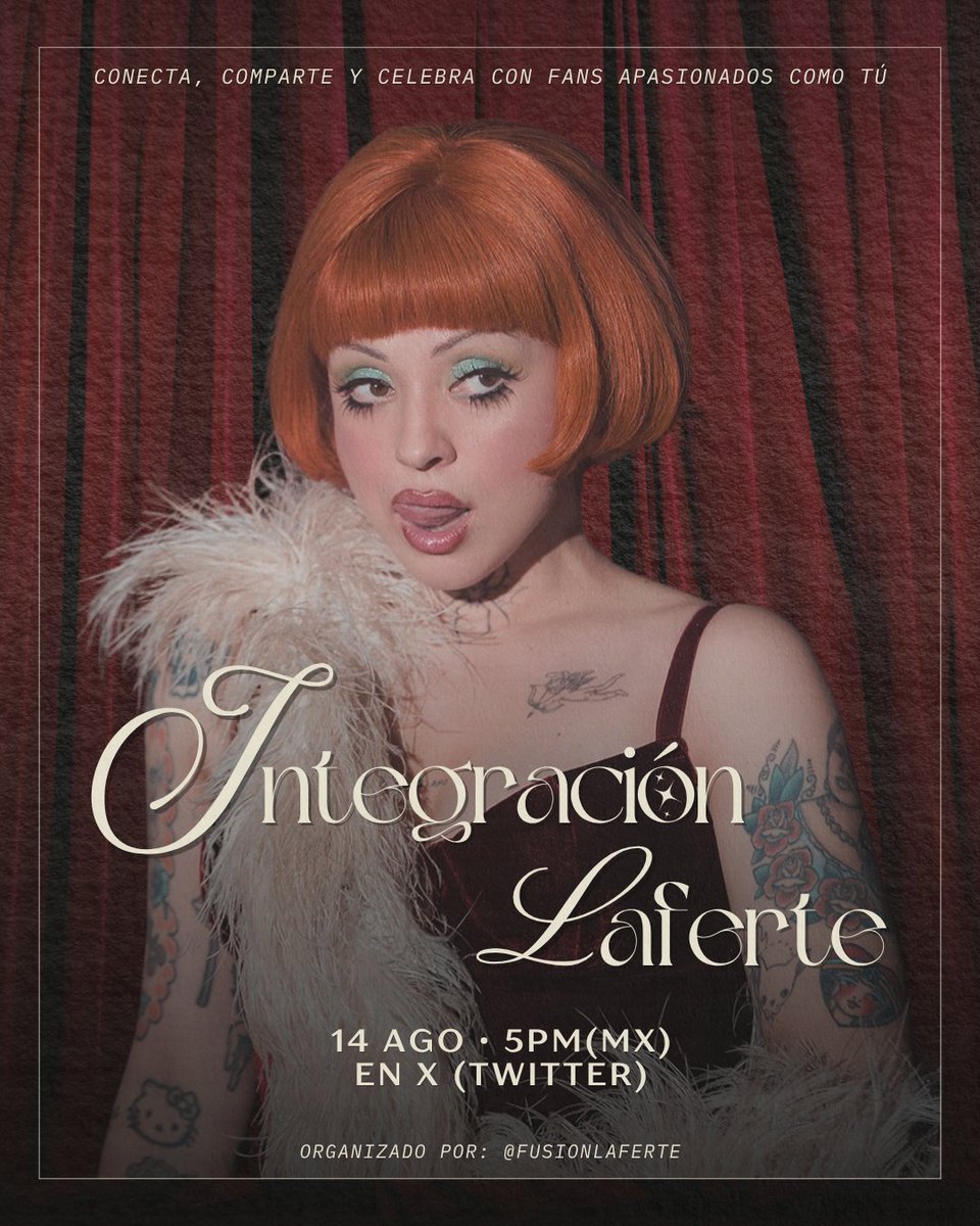 Fusión Laferte (@fusionlaferte) on Twitter photo INTEGRACIÓN LAFERTE 2025 💌
¡No te pierdas esta oportunidad para conectar, compartir y celebrar con fans apasionados como tú! ✨️ <a href="/monlaferte/">Mon Laferte</a> INTEGRACIÓN LAFERTE 2025 💌
¡No te pierdas esta oportunidad para conectar, compartir y celebrar con fans apasionados como tú! ✨️ <a href="/monlaferte/">Mon Laferte</a>