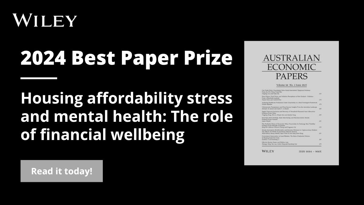 Australian Economic Papers (@auseconpapers) on Twitter photo Excited to share <a href="/auseconpapers/">Australian Economic Papers</a> 2024 Best Paper Prize!!
"Housing affordability stress and mental health: The role of financial wellbeing"
Congratulations to the authors Ferdi Botha, Rebecca Bentley, Ang Li and Ilan Wiesel 🎉
Read it here: onlinelibrary.wiley.com/doi/10.1111/14… Excited to share <a href="/auseconpapers/">Australian Economic Papers</a> 2024 Best Paper Prize!!
"Housing affordability stress and mental health: The role of financial wellbeing"
Congratulations to the authors Ferdi Botha, Rebecca Bentley, Ang Li and Ilan Wiesel 🎉
Read it here: onlinelibrary.wiley.com/doi/10.1111/14…