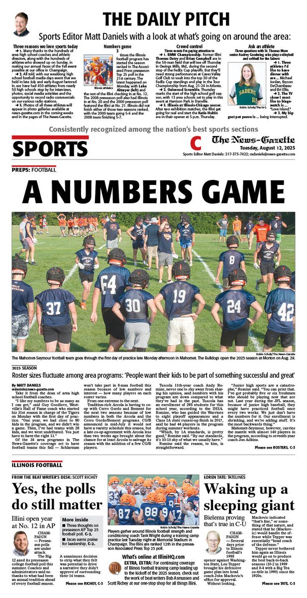 News-Gazette Preps (@ngpreps) on Twitter photo Tuesday's N-G sports cover features <a href="/mdaniels_NG/">Matt Daniels</a> on area high school football roster sizes, plus his latest version of the Daily Pitch. Also, <a href="/srrichey/">Scott Richey</a> and <a href="/Tatelines/">Loren Tate</a> on #Illini football and ranking in preseason AP Top 25 poll.
<a href="/APSE_sportmedia/">APSE</a>
<a href="/ngphotostaff/">News-Gazette Photo</a> Tuesday's N-G sports cover features <a href="/mdaniels_NG/">Matt Daniels</a> on area high school football roster sizes, plus his latest version of the Daily Pitch. Also, <a href="/srrichey/">Scott Richey</a> and <a href="/Tatelines/">Loren Tate</a> on #Illini football and ranking in preseason AP Top 25 poll.
<a href="/APSE_sportmedia/">APSE</a>
<a href="/ngphotostaff/">News-Gazette Photo</a>