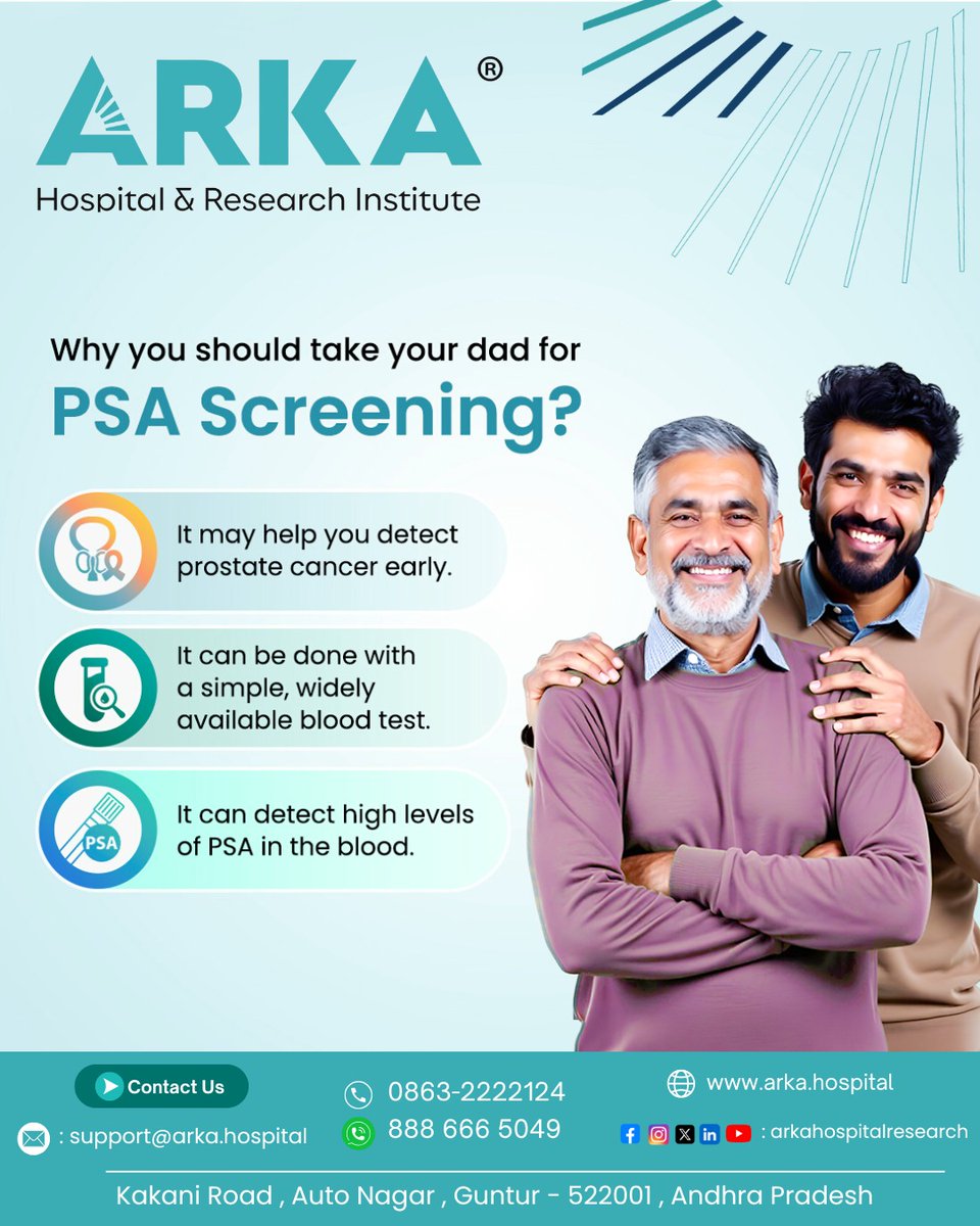 arkahospital's tweet image. 👨‍⚕ Prostate Cancer Awareness – Protect the Men You Love 💙
Did you know? 1 in 6 men will be diagnosed with prostate cancer during their lifetime.
Early detection through PSA Screening can save lives.

#ArkaHospital #ProstateCancerAwareness #PSAScreening #MensHealth