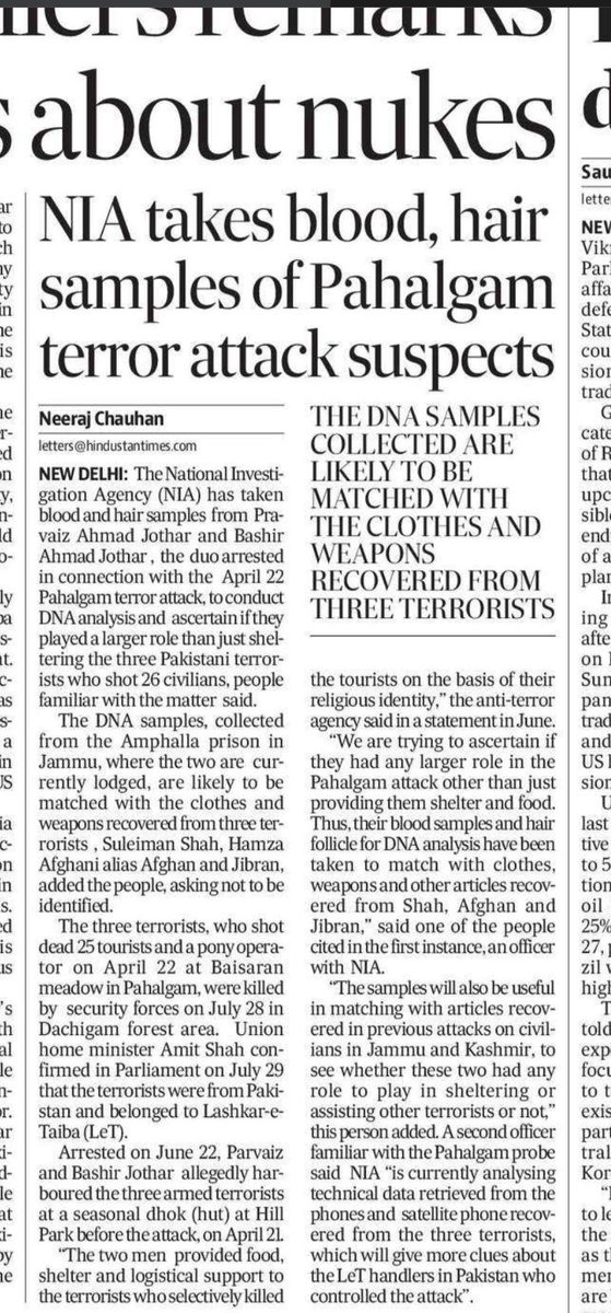 NIA takes blood sample, hair follicles of Parvaiz Ahmad Jothar and Bashir Ahmad Jothar, duo arrested for sheltering 3 Pakistani terrorists involved in Pahalgam attack. The DNA analysis will help ascertain if they had bigger role to play. 

hindustantimes.com/india-news/nia…