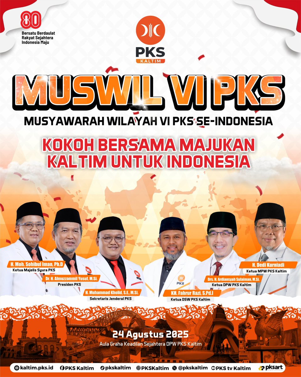pkskaltim's tweet photo. Yuk, jadi saksi sejarah lancarnya suksesi kepemimpinan sebuah organisasi besar!
MUSWIL VI PKS
Musyawarah Wilayah VI PKS se-Indonesia
Kokoh Bersama Majukan Kaltim untuk Indonesia
24 Agustus 2025
Aula Graha Keadilan Sejahtera
DPW PKS Kaltim
#Muswil #MuswilVIPKS #PKSKaltim https://t.co/DzNr2aTV4n