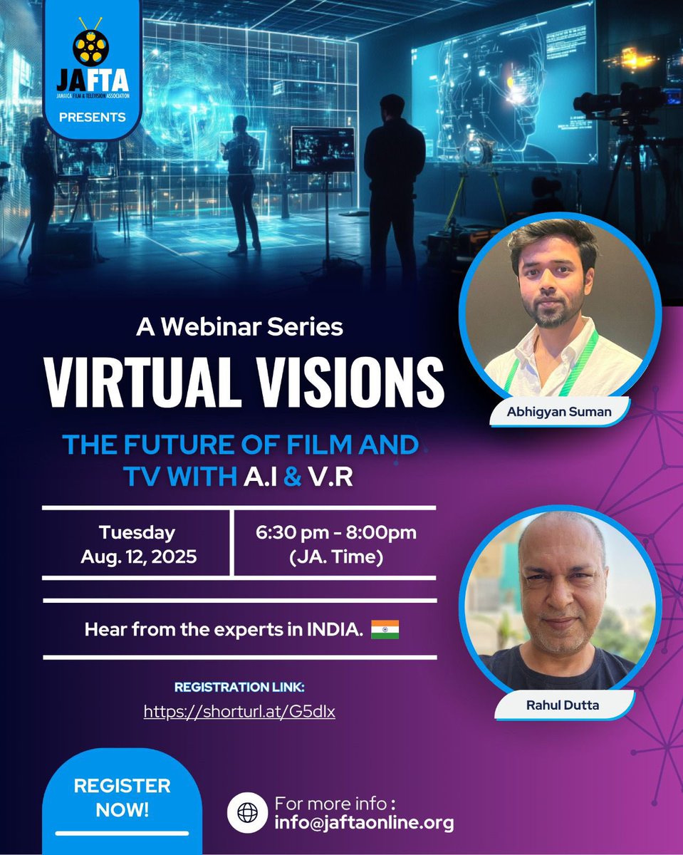 jaftaonline's tweet photo. 🚨 Tomorrow! 🚨
Virtual Visions: The Future of Film & TV w/ AI & VR 🎥🤖
Your front-row seat to the storytelling revolution w/ India’s tech visionaries Abhigyan Suman & Rahul Dutta.
📅 Aug 12 | ⏰ 6:30 PM JA Time
🔗 https://t.co/oP0YQSrKOL https://t.co/otUg3NXFf2