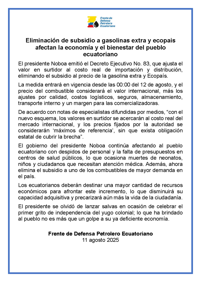 Frente de Defensa Petrolero Ecuatoriano (@de_petrolero) on Twitter photo El presidente <a href="/DanielNoboaOk/">Daniel Noboa Azin</a> se olvidó de lanzar salvas en ocasión de celebrar el primer grito de independencia del yugo colonial; lo que ha brindado al pueblo no es más que un golpe a su ya deficiente economía. #ResistenciaPopular #ElevaTuVoz El presidente <a href="/DanielNoboaOk/">Daniel Noboa Azin</a> se olvidó de lanzar salvas en ocasión de celebrar el primer grito de independencia del yugo colonial; lo que ha brindado al pueblo no es más que un golpe a su ya deficiente economía. #ResistenciaPopular #ElevaTuVoz