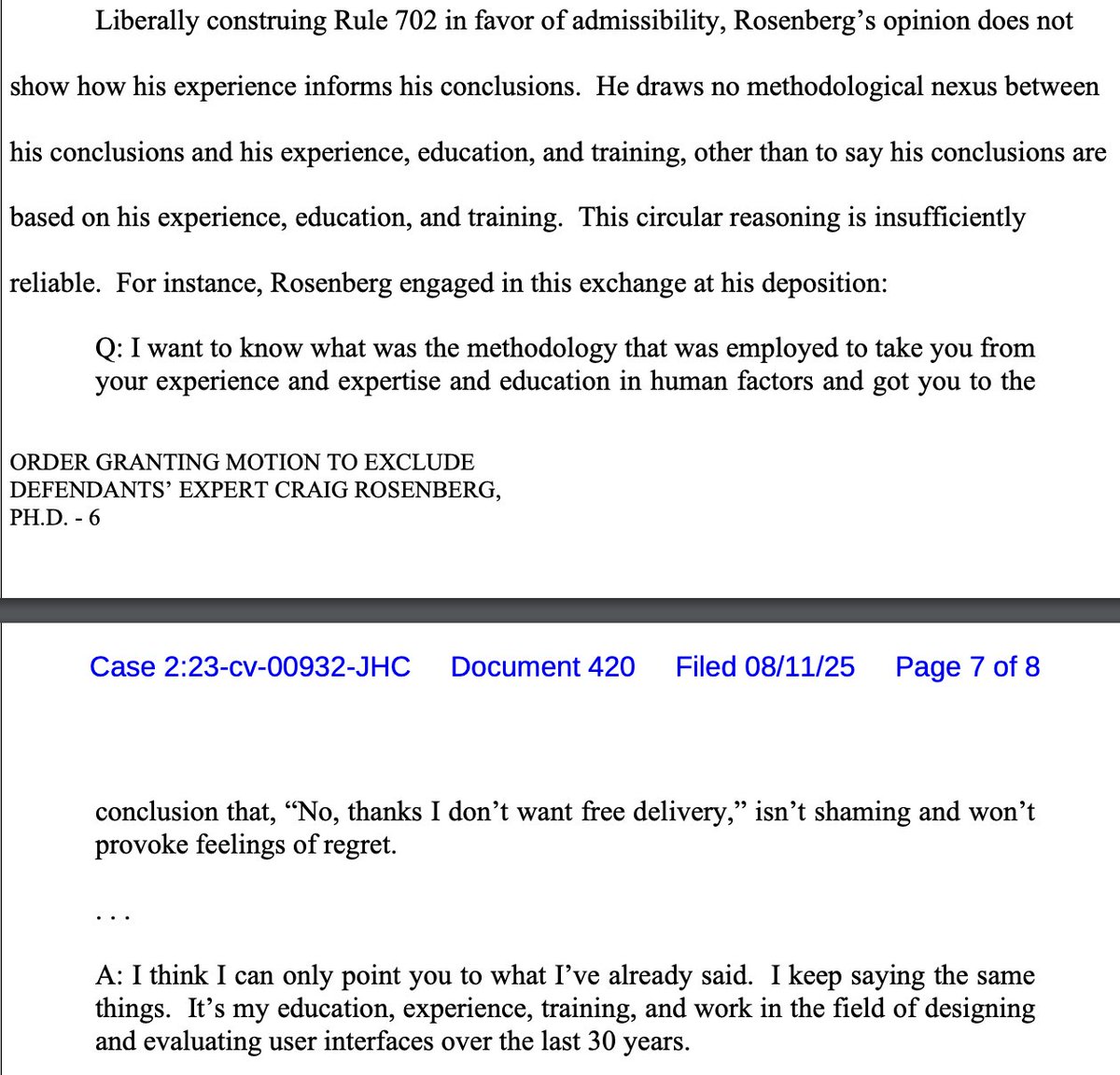 Amazon used expert report/testimony in dark patterns case that was so bad-- so rent-a-PhD saying "because I have a PhD that's why" conclusory-- that he's totally excluded!

Quite an achievement.

Usually Daubert motions get denied, or nibbled down.

Win for FTC w/o oral argument