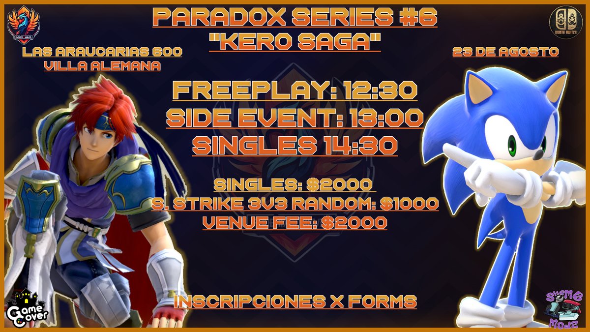 Phoenix Haven X (@phoenixteam_gg) on Twitter photo Les brindamos Paradox Series 6: Kero Saga.
Vuelve nuestra saga de torneos en la sede de Villa Alemana. Este sábado 23 de Agosto.
Tendremos Singles, squad strike random y más!
Inscripciones por forms 🧵
Somos parte de la comunidad <a href="/QuintaSwitch/">Quinta Switch Oficial</a>
Los mejores eventos de la Región Les brindamos Paradox Series 6: Kero Saga.
Vuelve nuestra saga de torneos en la sede de Villa Alemana. Este sábado 23 de Agosto.
Tendremos Singles, squad strike random y más!
Inscripciones por forms 🧵
Somos parte de la comunidad <a href="/QuintaSwitch/">Quinta Switch Oficial</a>
Los mejores eventos de la Región