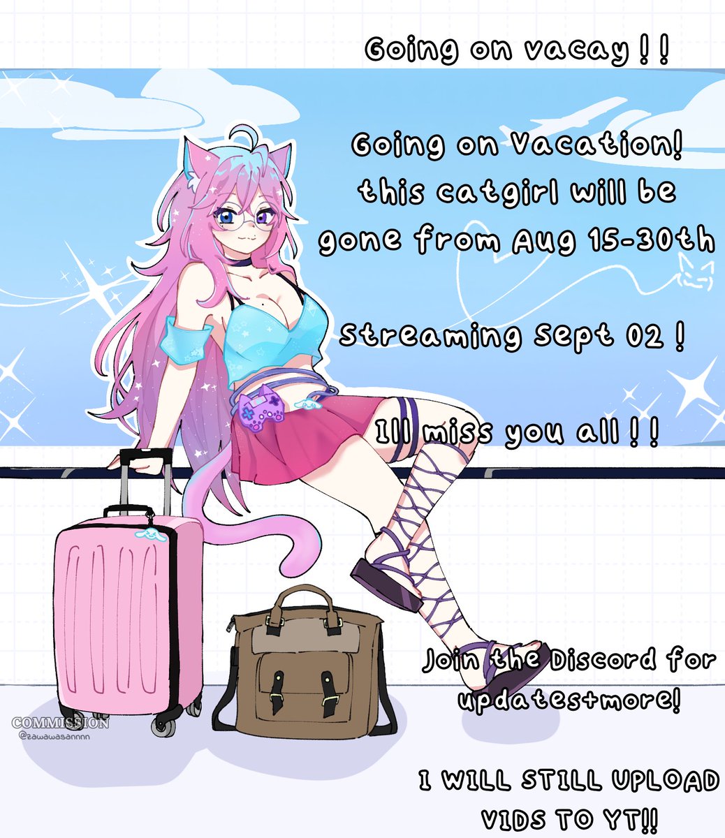 Starlight Syd🌙🦋 【VTUBER】 (@starlight_syd) on Twitter photo you just got a letter, you just got a letter ~ 💌
yep ! this catgirl's leavin THIS FRIDAY for a 2 week vacay !🐱🏖️
this is my first and only vacay of the year, so don't go anywhere while I'm gone, okay ? ! 🥺
you'll all still be here when I'm back, right ?🥹💜 you just got a letter, you just got a letter ~ 💌
yep ! this catgirl's leavin THIS FRIDAY for a 2 week vacay !🐱🏖️
this is my first and only vacay of the year, so don't go anywhere while I'm gone, okay ? ! 🥺
you'll all still be here when I'm back, right ?🥹💜