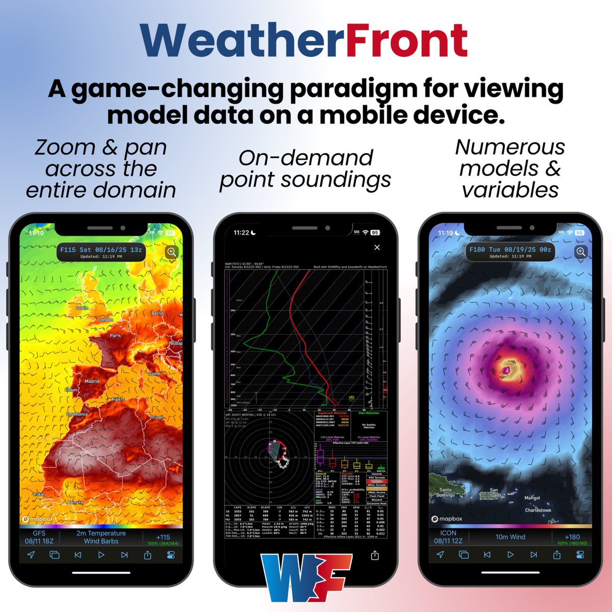 ❌ Mobile browsers aren’t optimized for viewing model data, but WeatherFront is. ✅

Download or open WeatherFront to:
🥵 Track Europe’s extreme heat
⛈️ Investigate Thursday’s High Plains severe threat
🌀Anticipate Erin’s trek across the Atlantic

Experience the game-changing