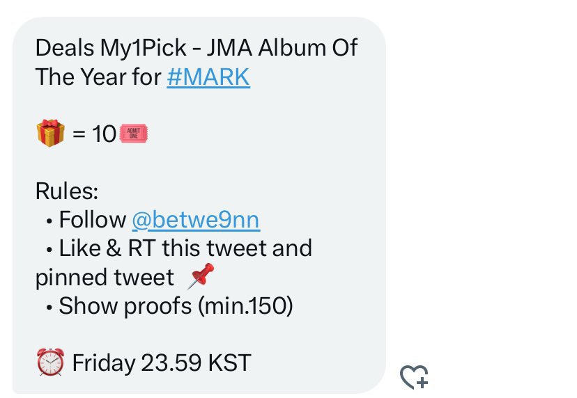 supal0nelYy_'s tweet image. Deals My1Pick - JMA Album Of The Year for #MARK

🎁 = 10🎟

Rules:
  • Follow @betwe9nn
  • Like &amp;amp; RT this tweet and pinned tweet  📌
  • Show proofs (min.150) 

⏰ Friday 23.59 KST 

#VoteForMarkLee #Molovoting