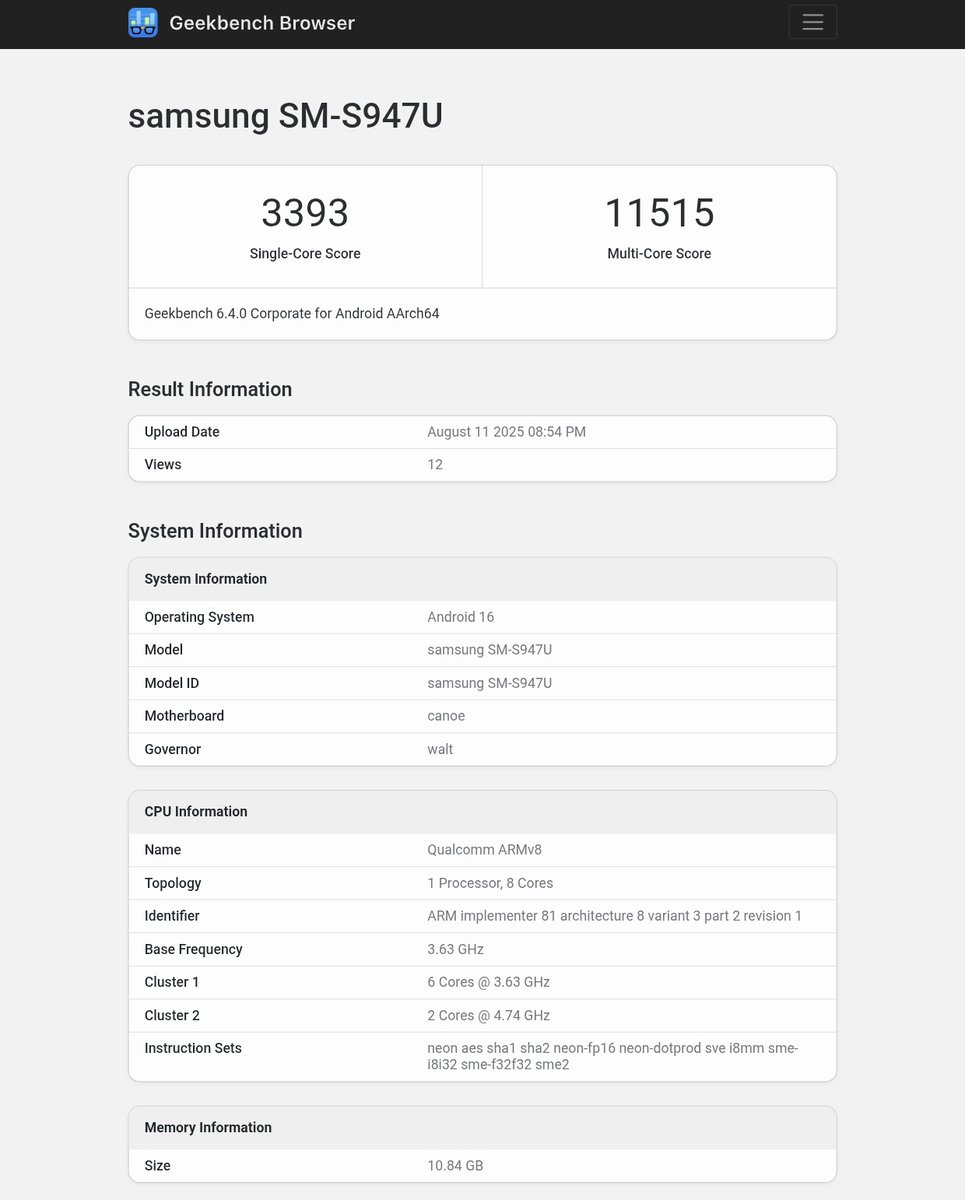 Samson_News's tweet photo. Samsung Galaxy S26 Edge Just Popped Up on Geekbench
#Samsung #GalaxyS26Edge #Geekbench #Snapdragon8Elite2
https://t.co/YbtvUTN2oU https://t.co/s1TgqX4BVA